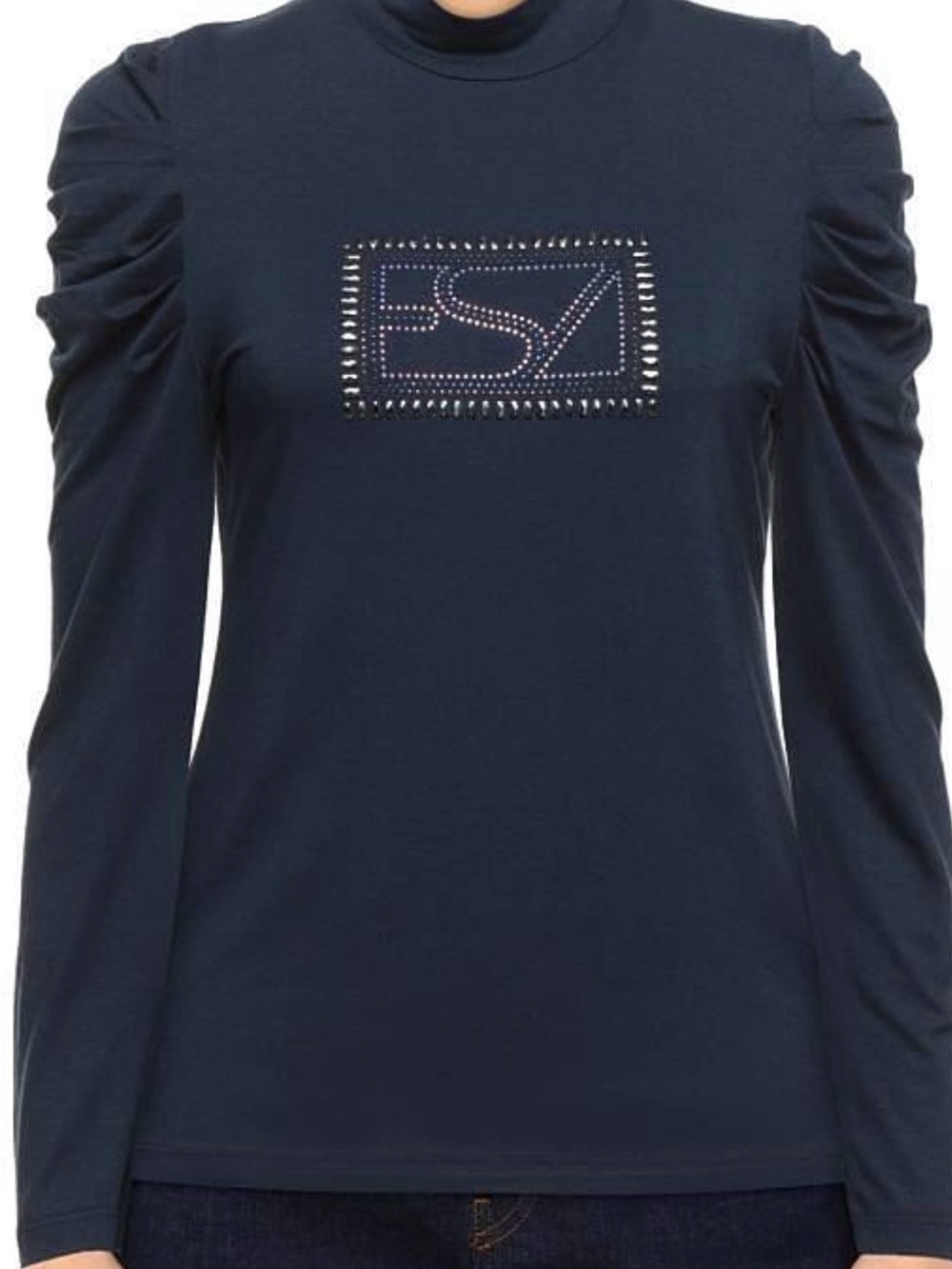 Navy Long-Sleeve Top with Studded Logo Detail